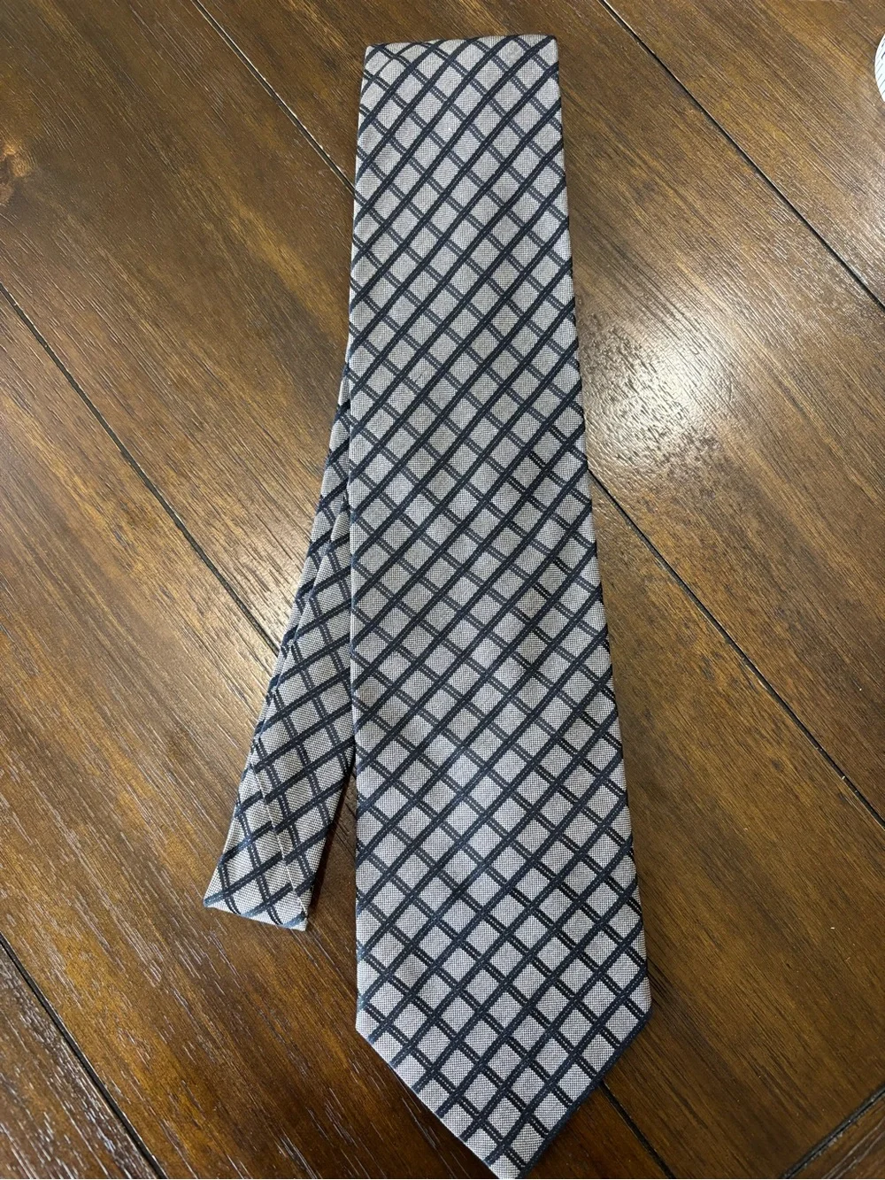 Cremieux 100% Silk Necktie Gray Navy Geometric Plaid Handmade in France